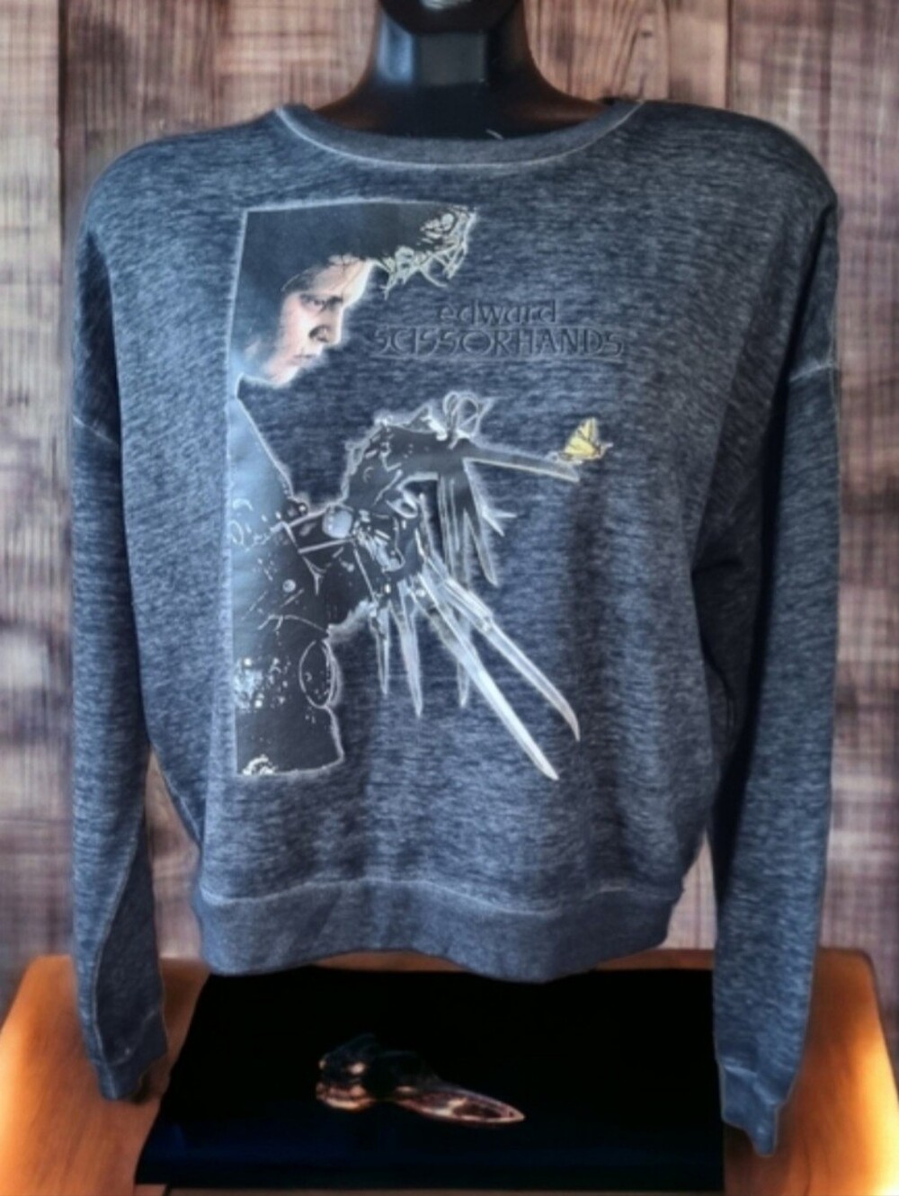 Edward Scissorhands Graphic Movie Crewneck Cropped Sweatshirt-Dark Heather Gray